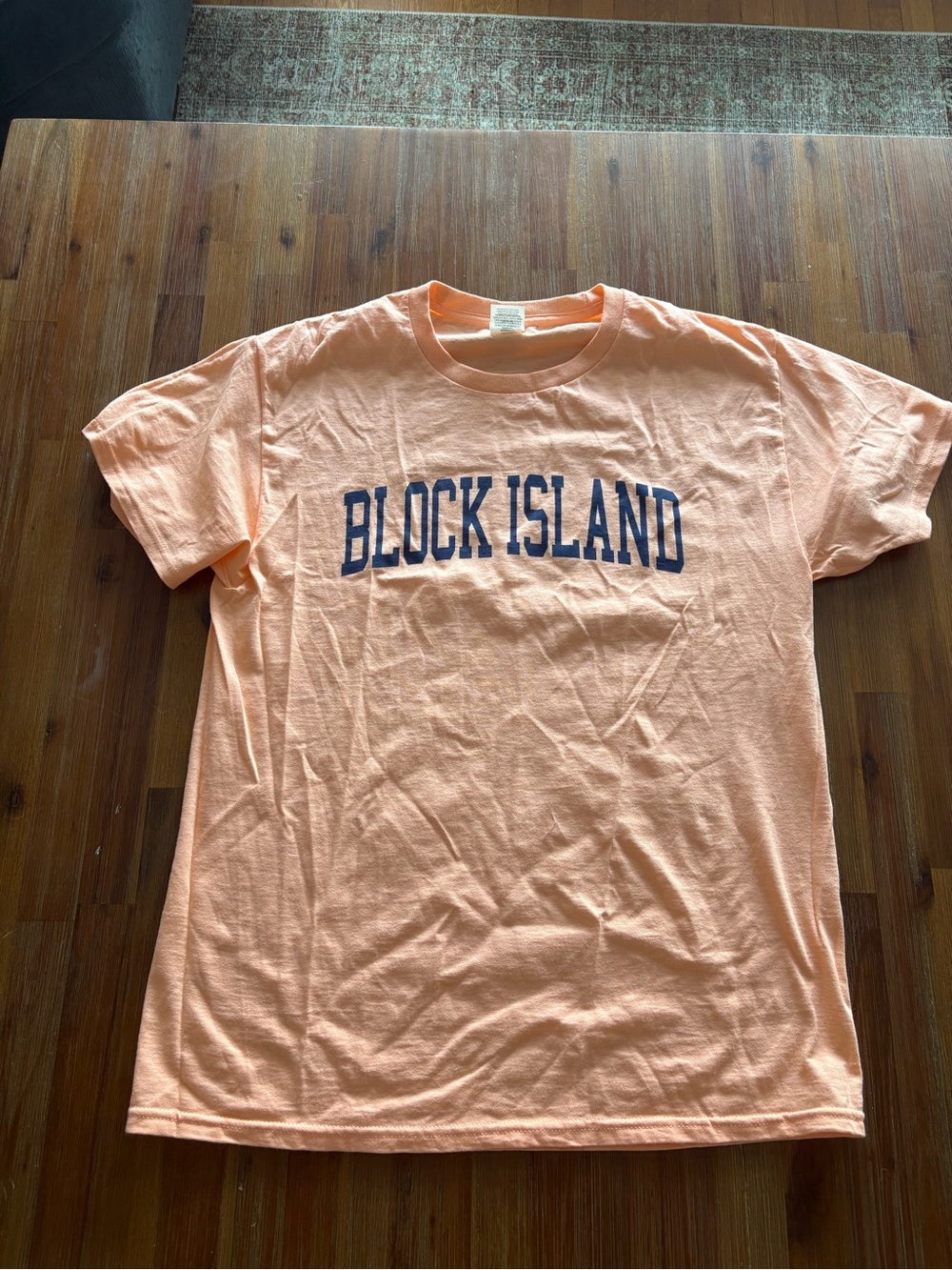 Hanes Peach Short Sleeve Tee with Navy "Block Island" Print